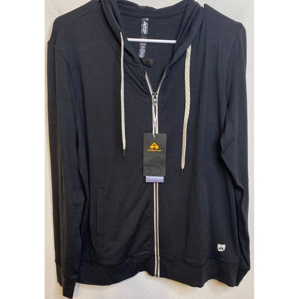 PIONEER CAMP Black Hood Full Zipper Jacket Coat Long Sleeve Stretch Size Large